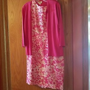 Talbots Petites floral dress and pink cardigan